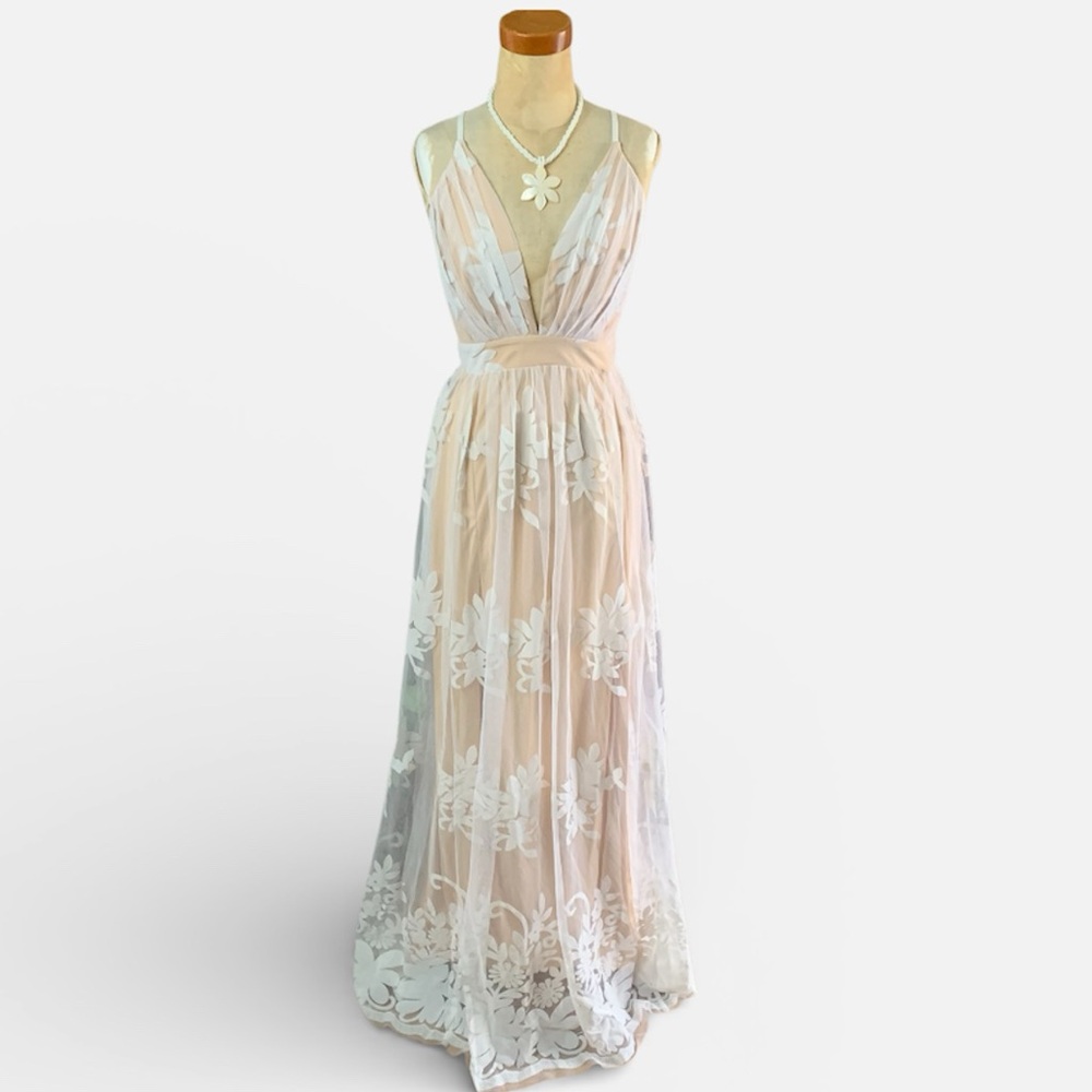 NWT maxi dress white floral velvet burnout deep V neckline crisscross back lined - Picture 2 of 13